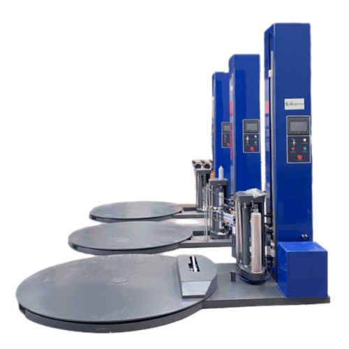 Pallet wrapping machine with automatic film cutting system for warehouse packaging