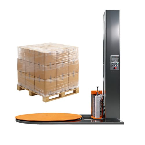 Stretch film pallet wrapping machine for industrial pallet packaging