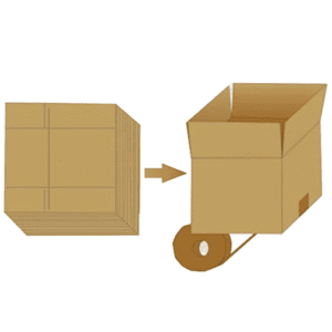 Flat cardboard blanks folded into erected carton box and bottom sealed by automatic case erector