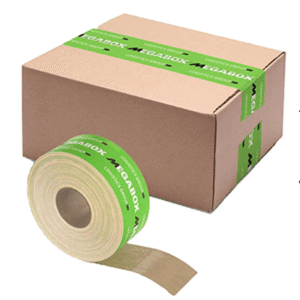 Cardboard carton box sealed with green printed adhesive tape by automatic carton sealing machine