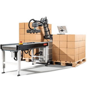 Collaborative robot cobot palletizer arm stacking cardboard boxes on wooden pallets in automatic palletizing line