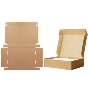 Flat corrugated cardboard blank folded into a mailer box by automatic folding box machine