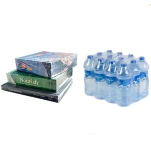 Boxed books and bottled water shrink wrapped with heat protective film by automatic shrink wrapping machine