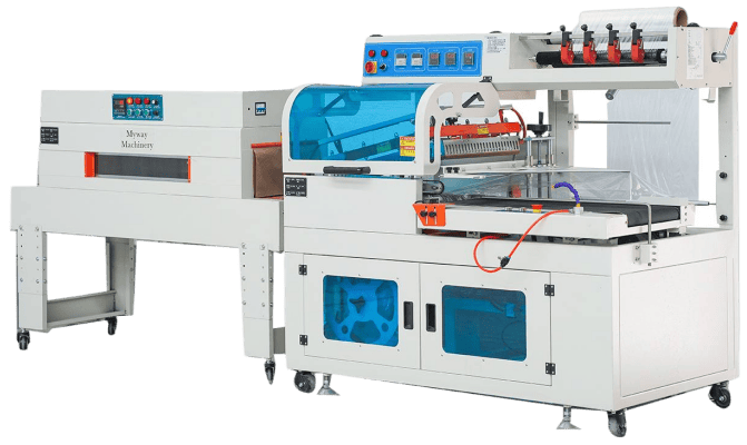 Side view of automatic sleeve shrink wrapping machine showing conveyor, sealing unit, and shrink tunnel