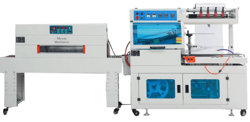 Automatic sleeve shrink wrapping machine for industrial product packaging on white background