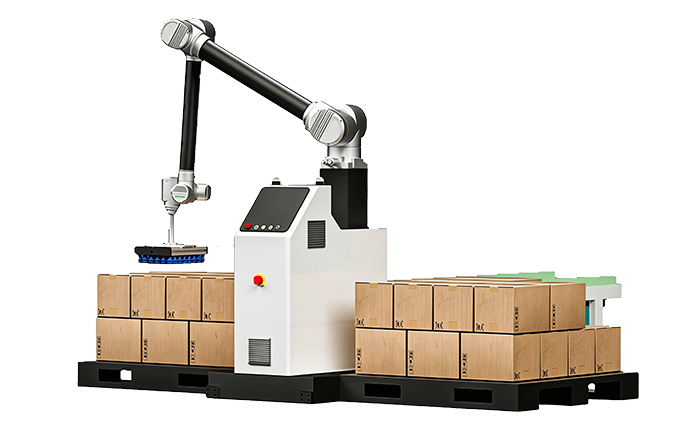 Cobot palletizer machine operating for automatic carton palletizing applications